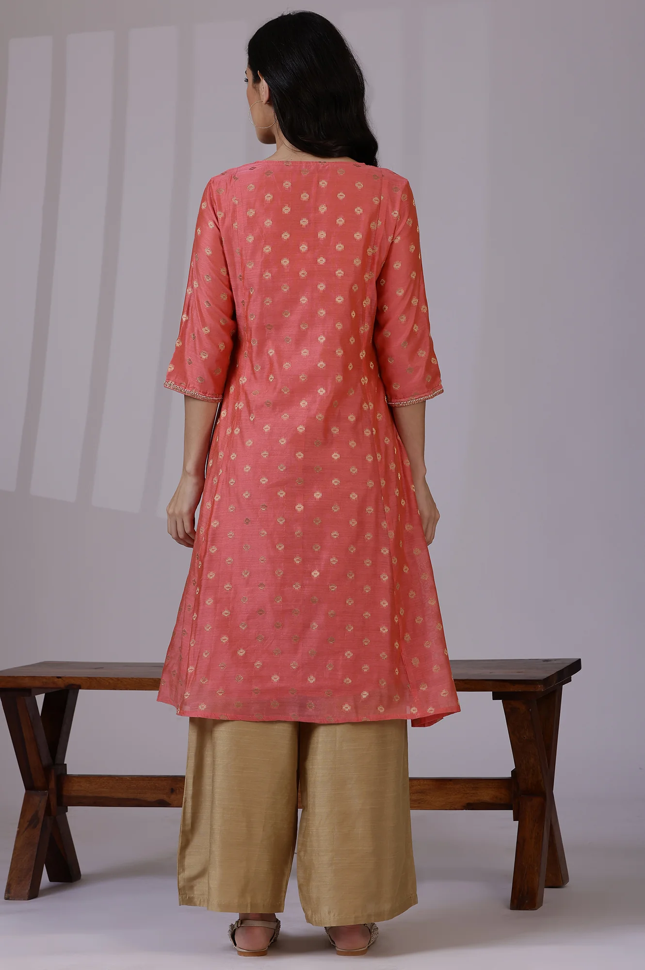 Pink Yarn-Dyed Chanderi Straight Kurta with Embroidered Neck - Image 6
