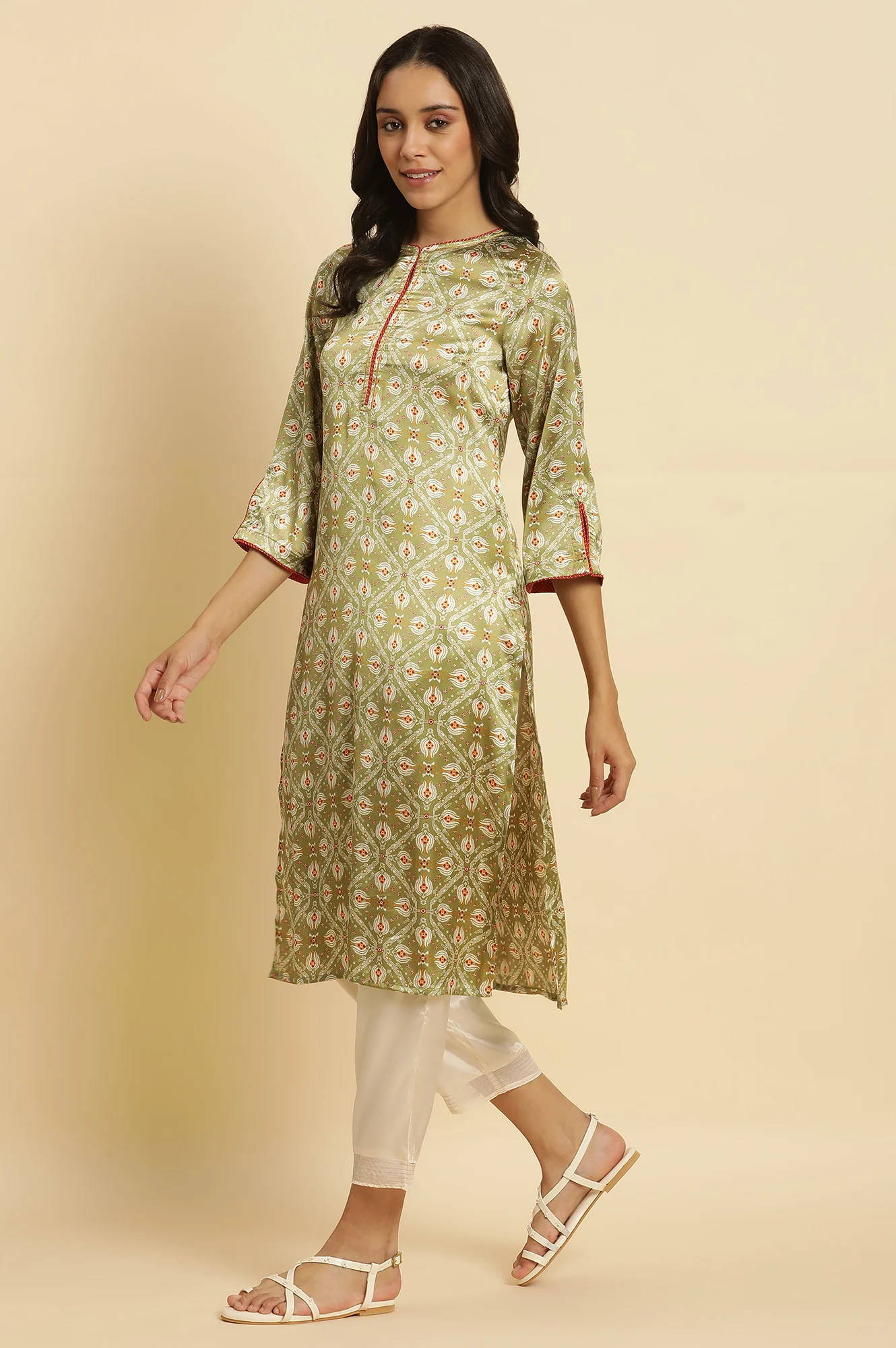 Pistachio Green Japanese Satin Festive Kurta - Image 3