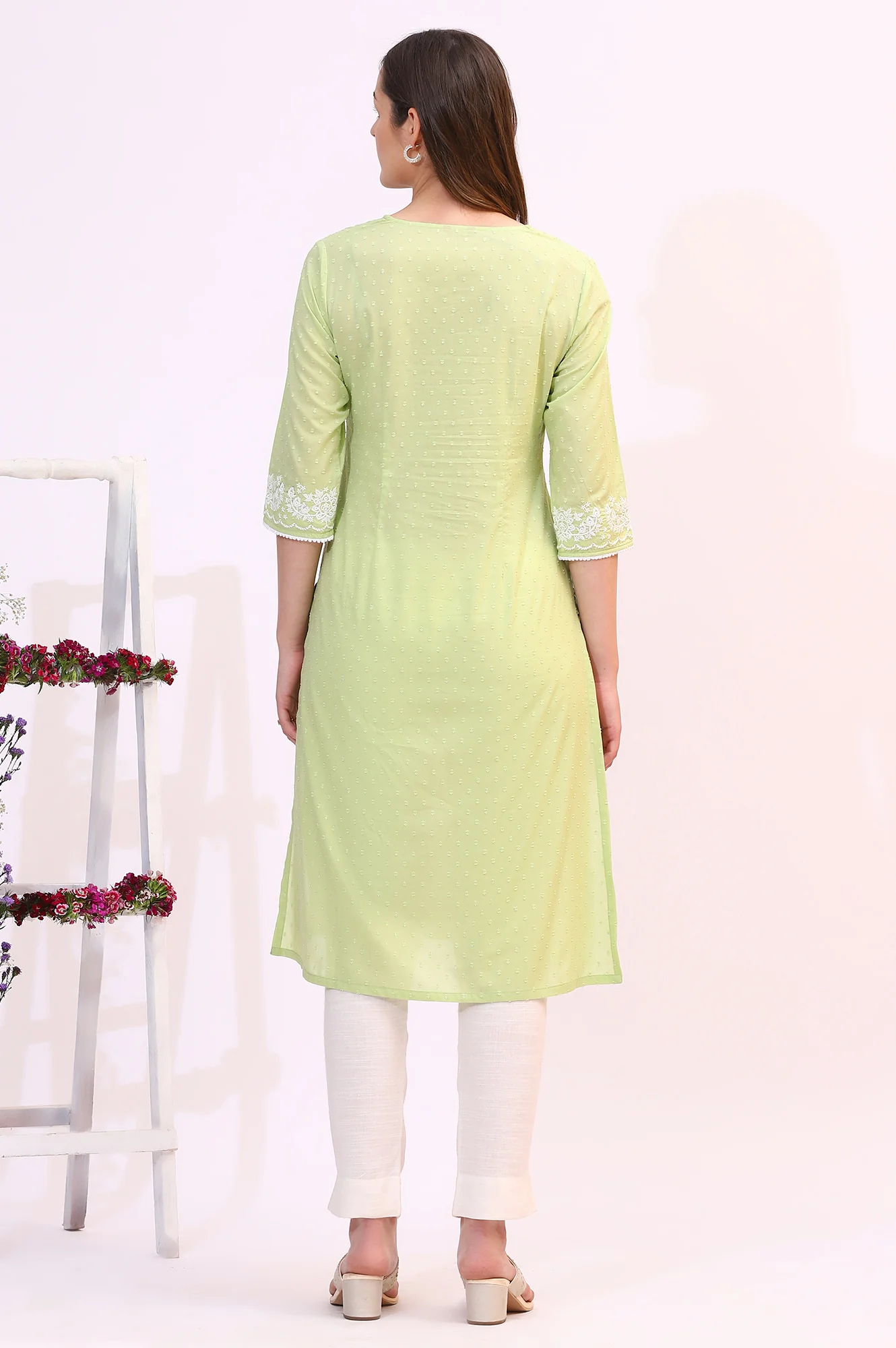 Pistachio Green Mirror Work Pure Cotton Straight Kurta - Image 6