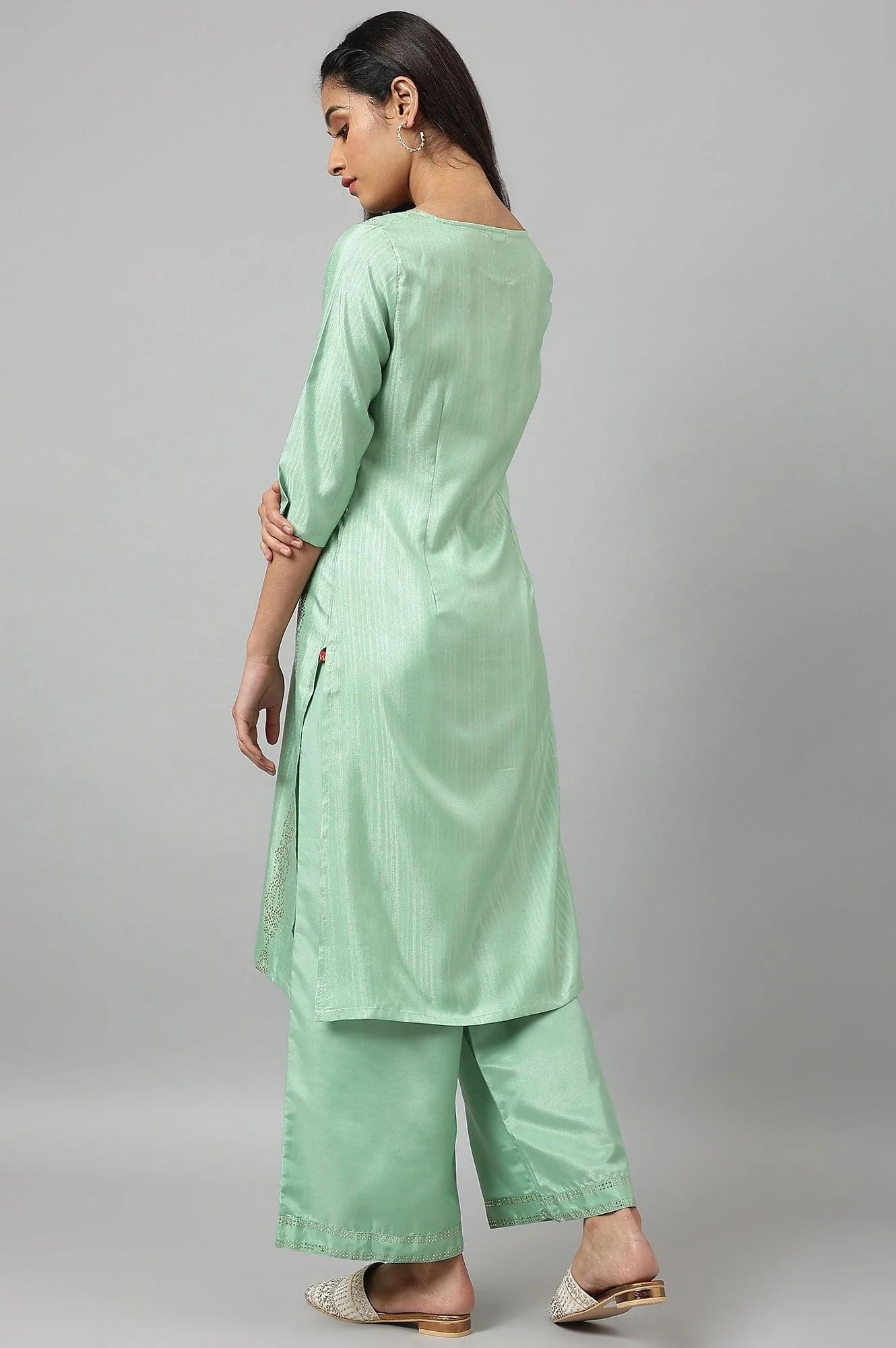 Pistachio Green Mukaish Printed kurta - Image 4