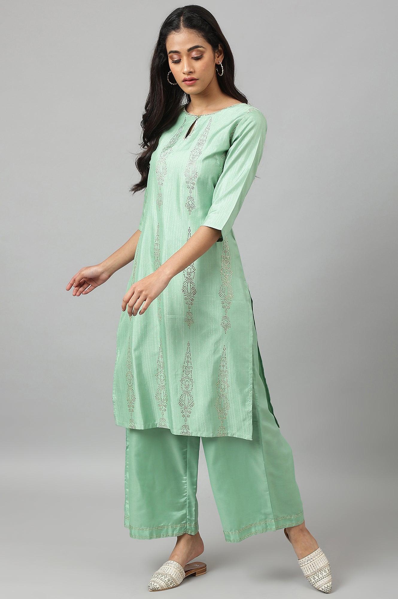 Pistachio Green Mukaish Printed kurta - Image 5
