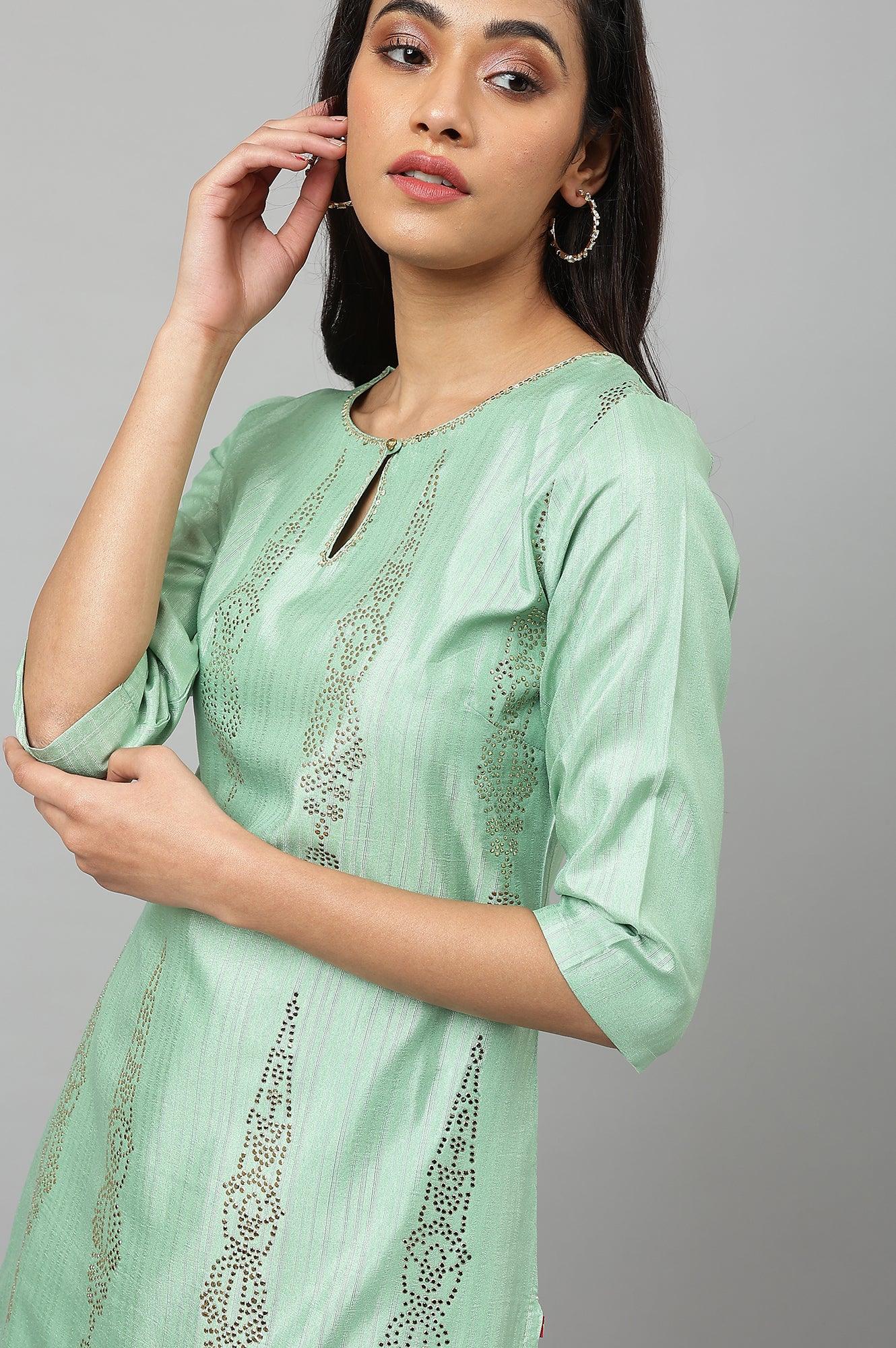 Pistachio Green Mukaish Printed kurta - Image 9