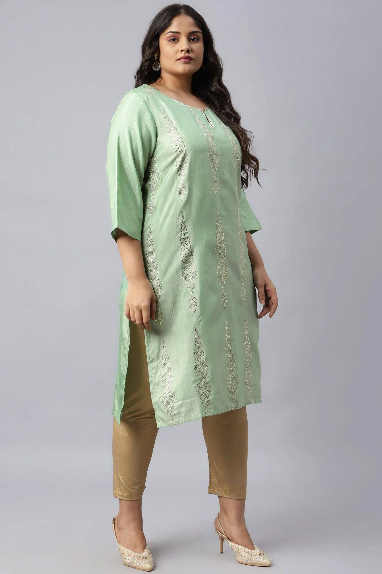 Pistachio Green Mukaish Printed Plus Size kurta - Image 4
