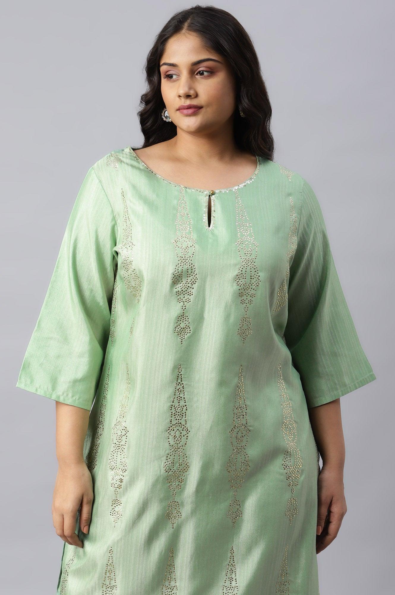 Pistachio Green Mukaish Printed Plus Size kurta - Image 5