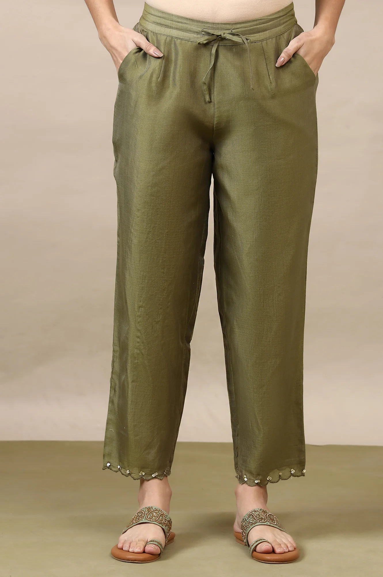 Pistachio Green Straight Pants in Cotton Silk - Image 2