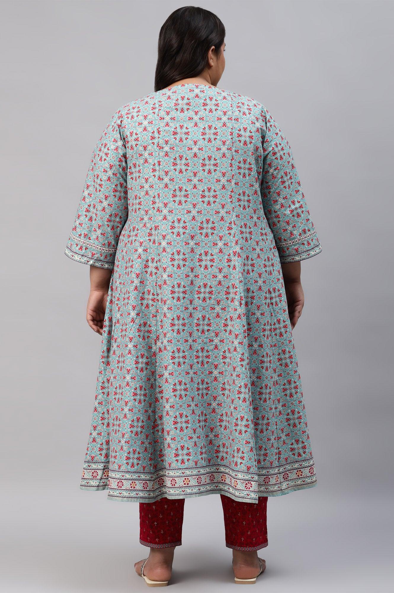 Plus Size Aqua Blue Cotton Printed Flared kurta - Image 2
