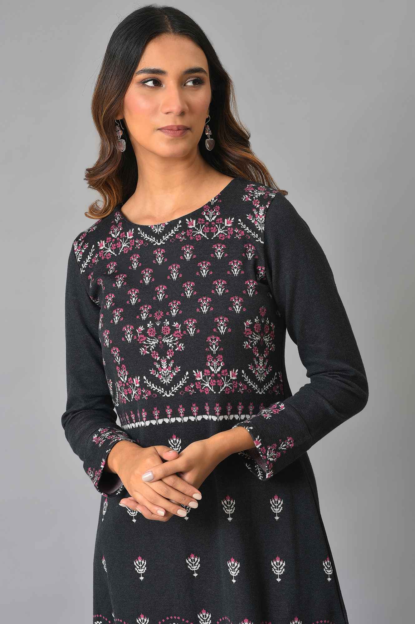 Plus Size Black A-Line Placement Printed Winter kurta - Image 6