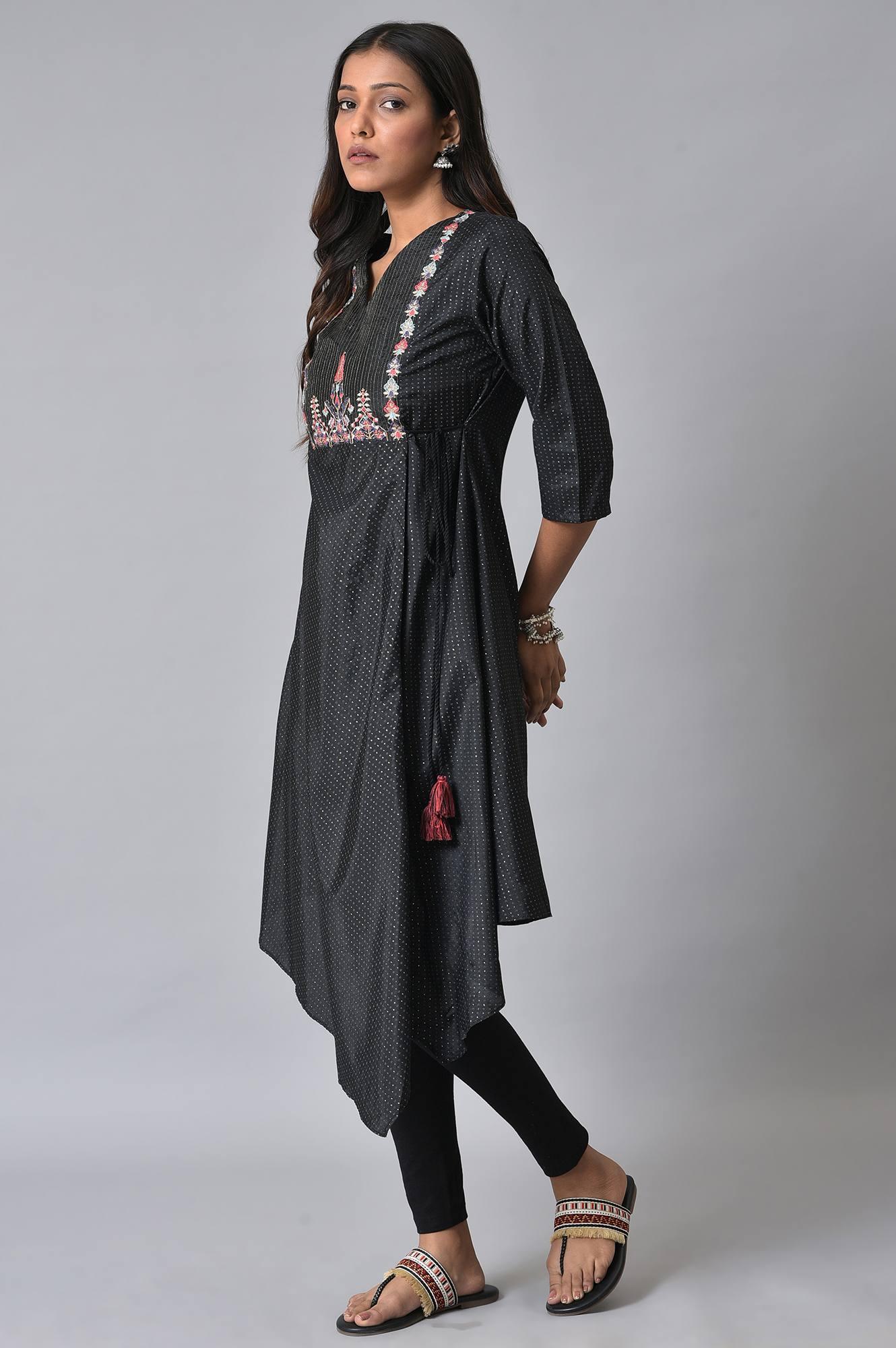 Plus Size Black Asymmetric Mock Layer Festive kurta - Image 3