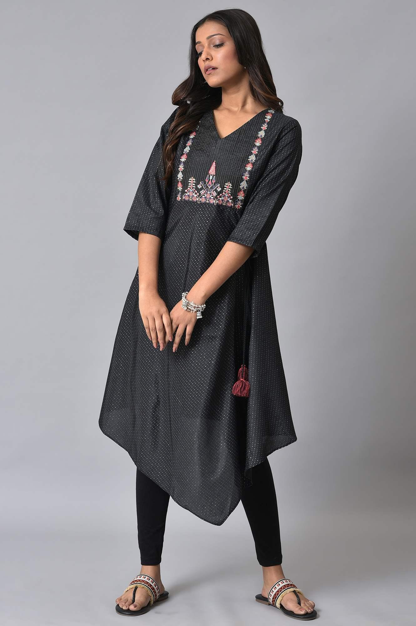 Plus Size Black Asymmetric Mock Layer Festive kurta - Image 8