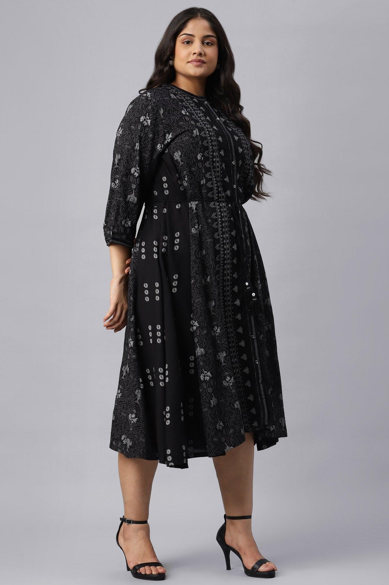 Plus Size Black Floral Printed Panelled Indie Dress - Image 4