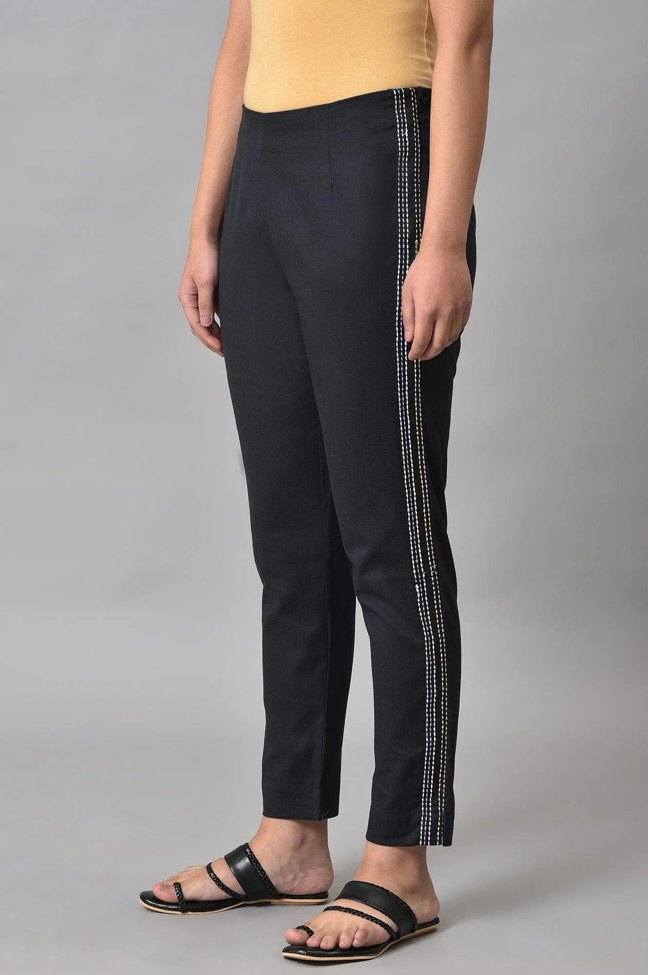 Plus Size Black Parallel Pants With Side Embroidery - Image 3