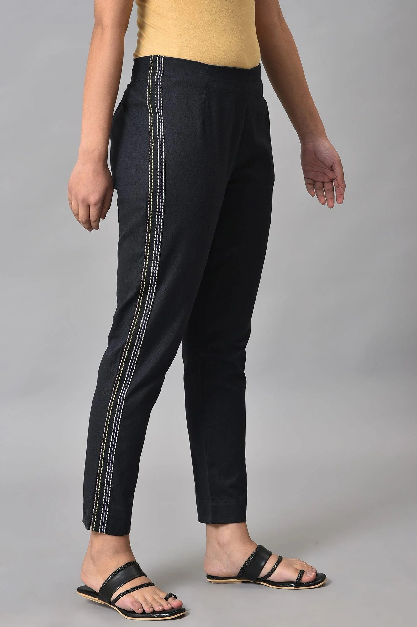 Plus Size Black Parallel Pants With Side Embroidery - Image 4