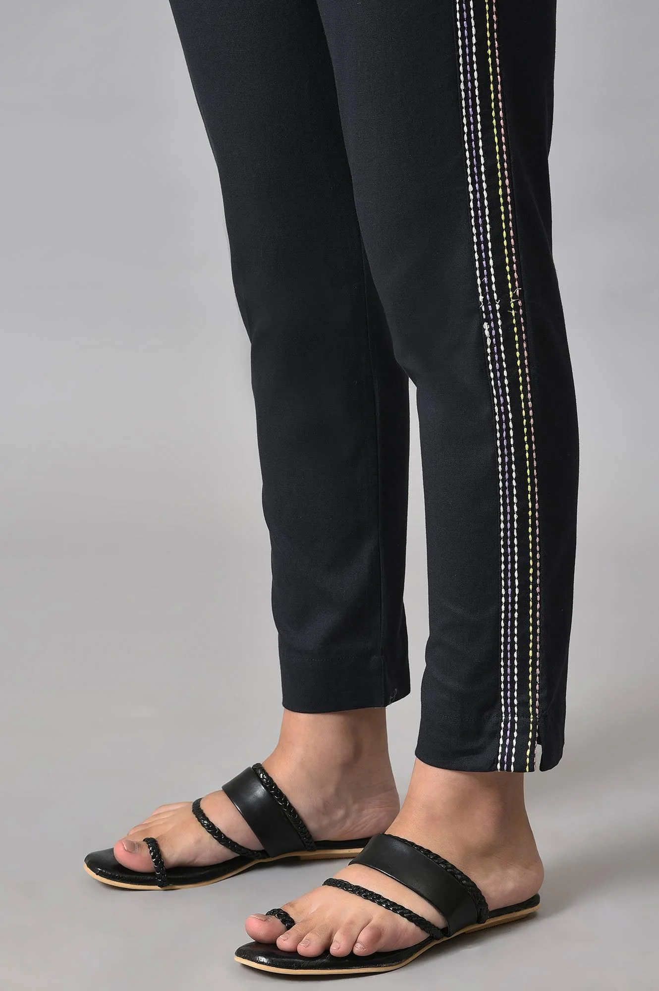 Plus Size Black Parallel Pants With Side Embroidery - Image 8