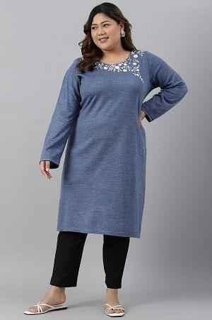 Plus Size Blue Embroidered Asymmetrical Winter kurta - Image 6