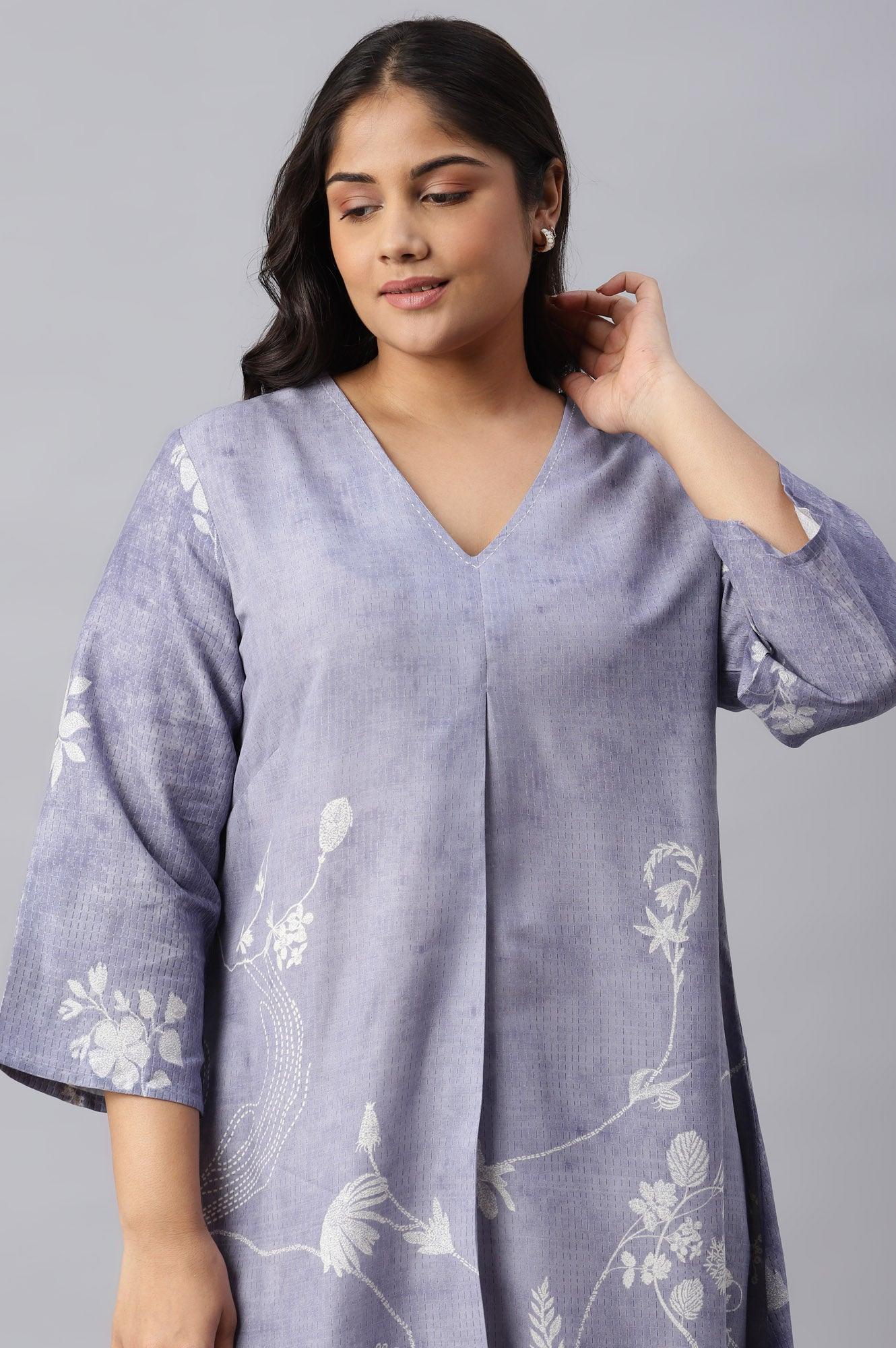 Plus Size Blue Floral Print V-Neck kurta - Image 5