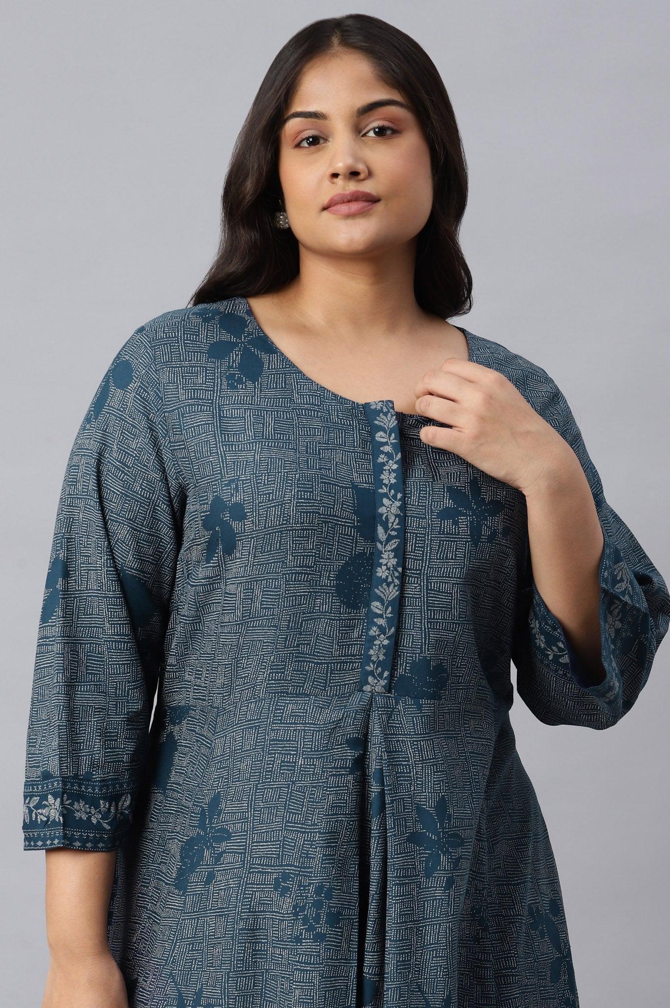 Plus Size Blue Floral Printed Flared Indie Dress - Image 5