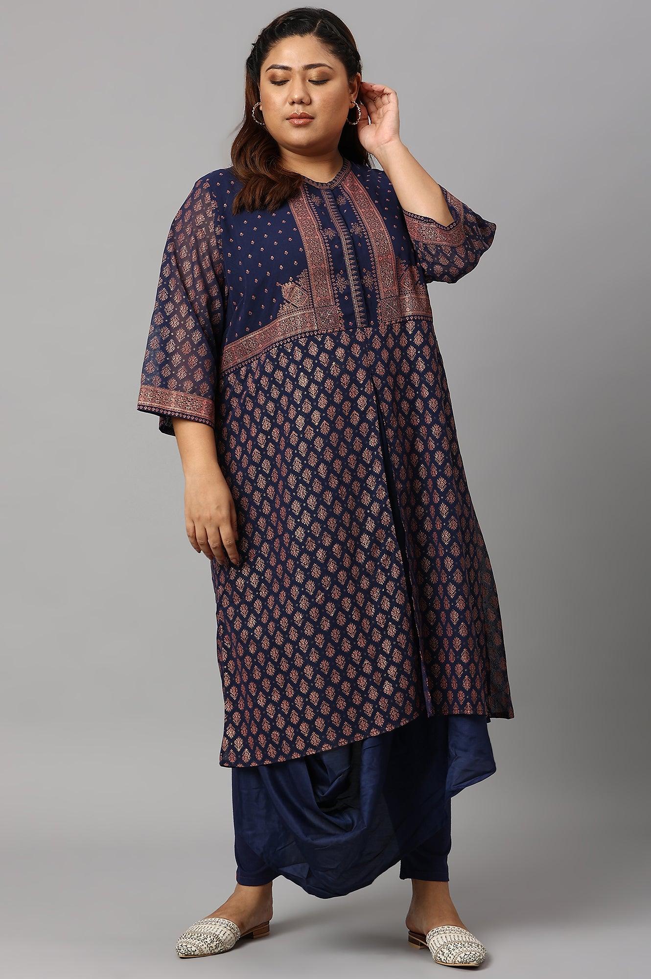 Plus Size Blue Printed A-Line Cowl kurta With Tights - Image 6