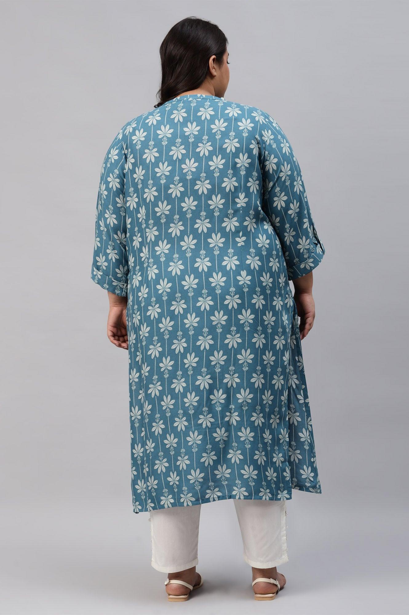 Plus Size Blue Rayon Button Down kurta - Image 2