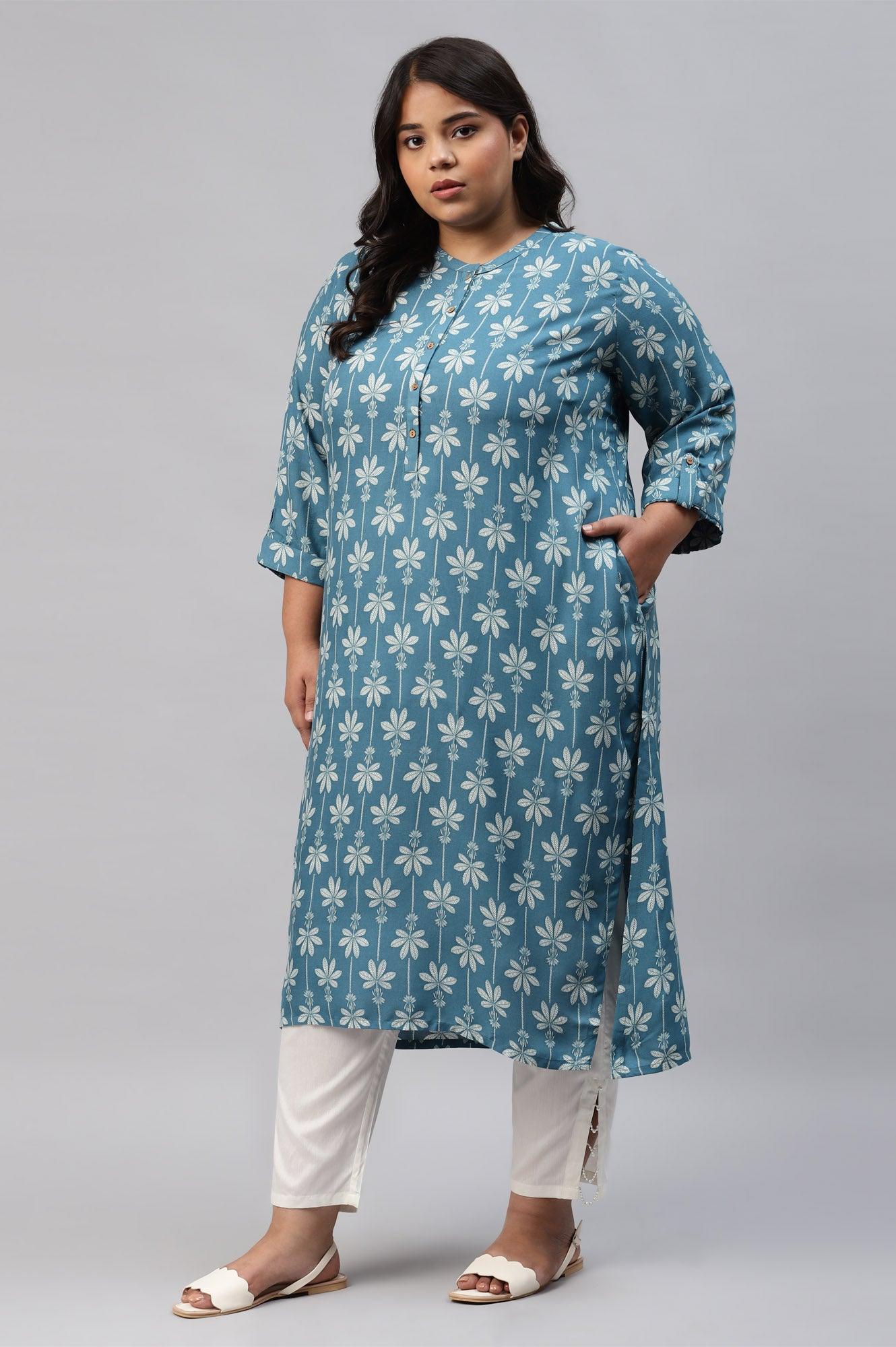 Plus Size Blue Rayon Button Down kurta - Image 3