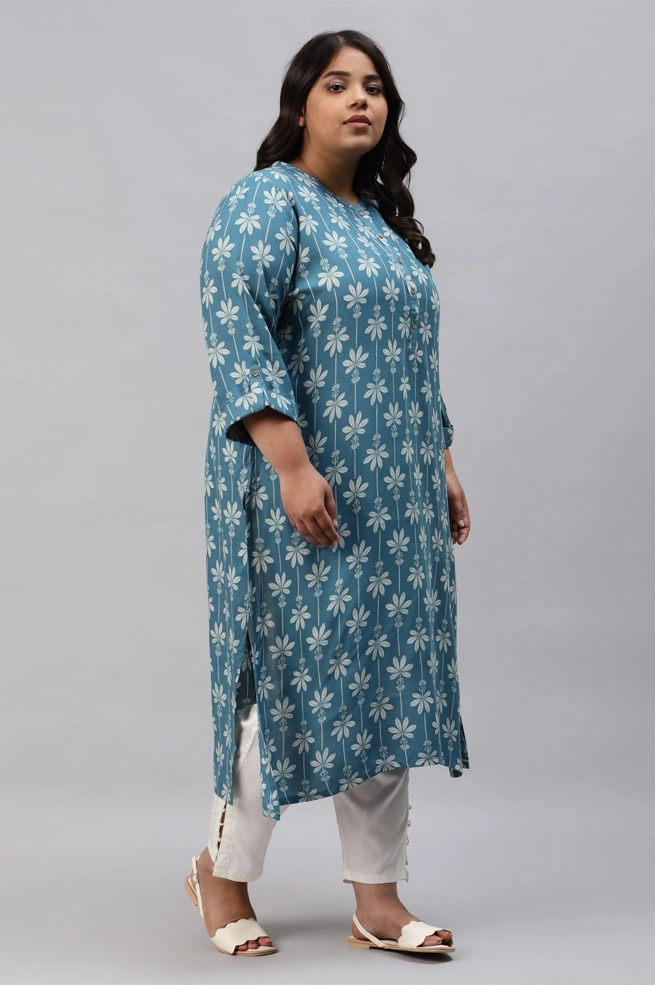 Plus Size Blue Rayon Button Down kurta - Image 4