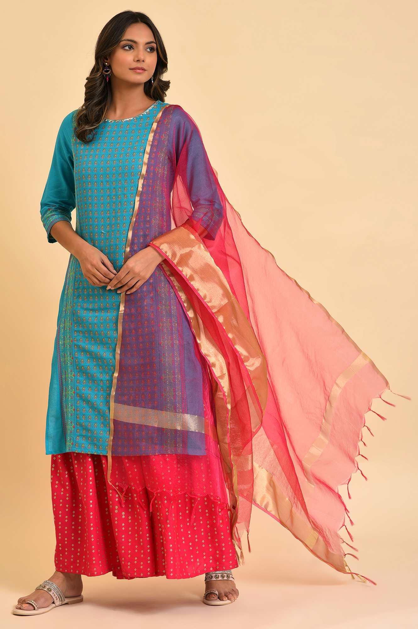 Plus Size Blue Round Neck Dobby kurta With Sequins - Image 6