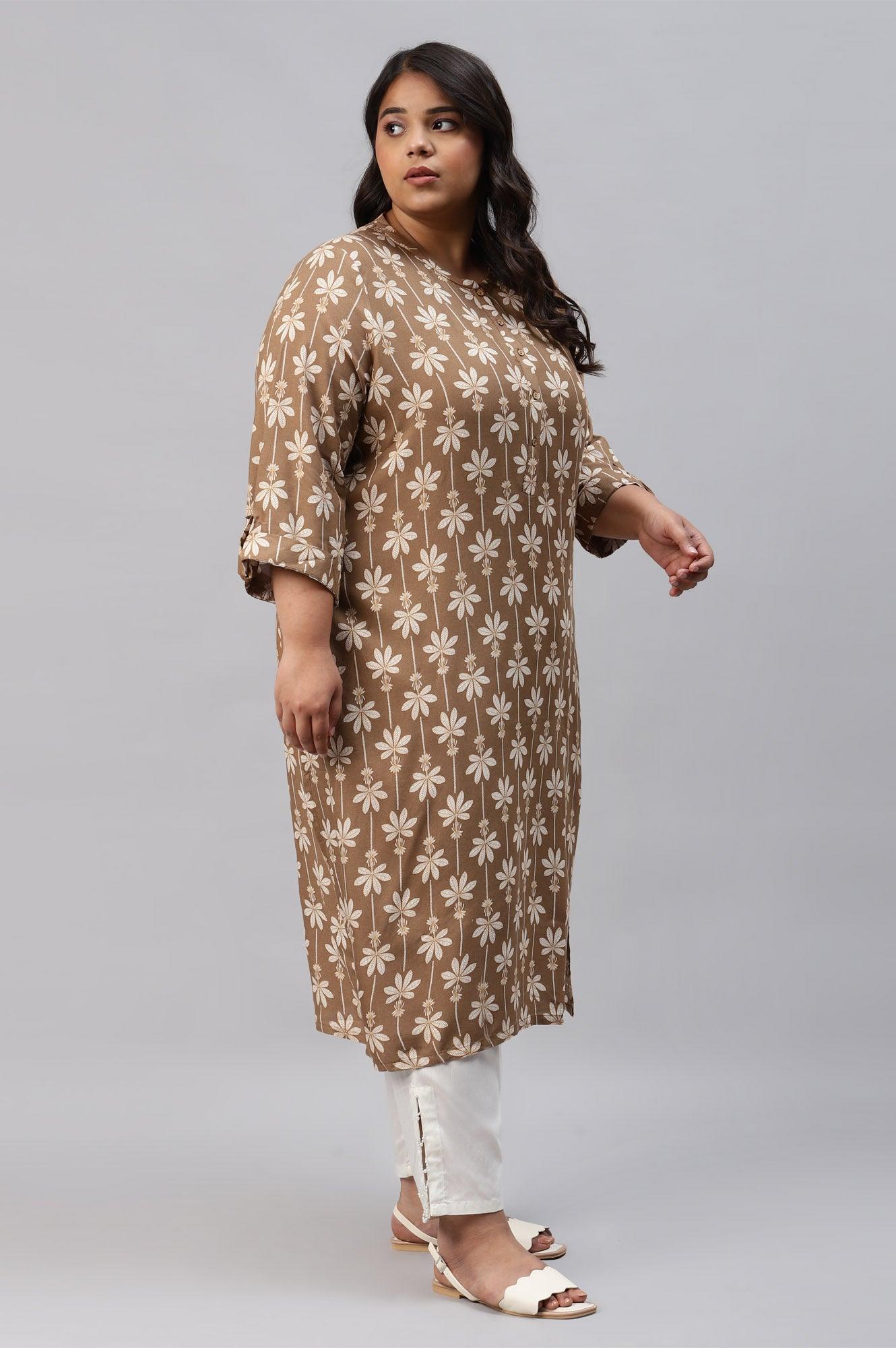 Plus Size Brown Printed Button Down kurta - Image 4