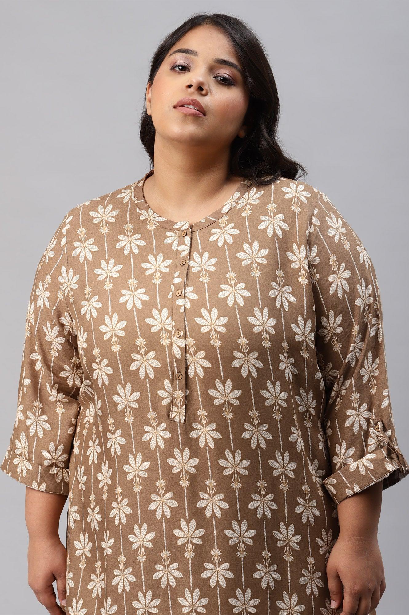 Plus Size Brown Printed Button Down kurta - Image 5
