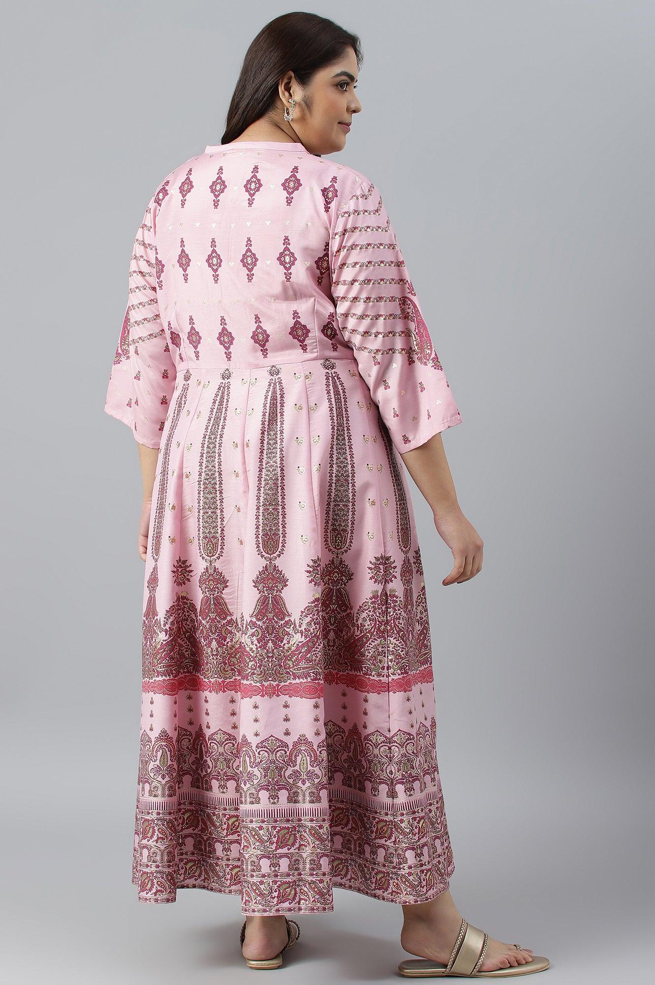 Plus Size Cameo Pink Floral Printed Festive Dress - Image 2