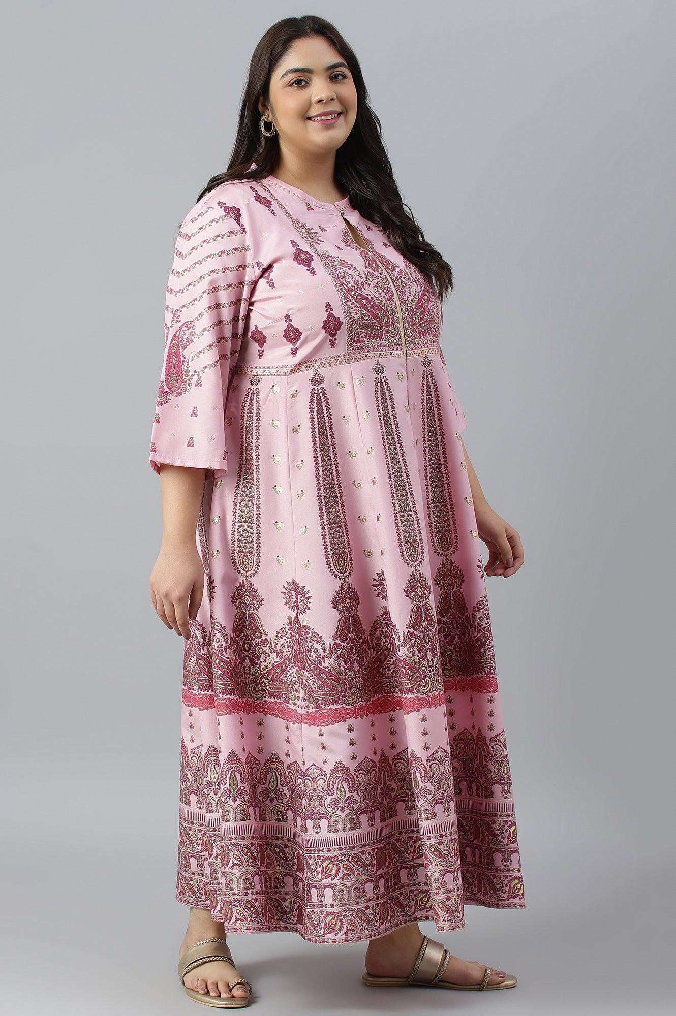 Plus Size Cameo Pink Floral Printed Festive Dress - Image 4