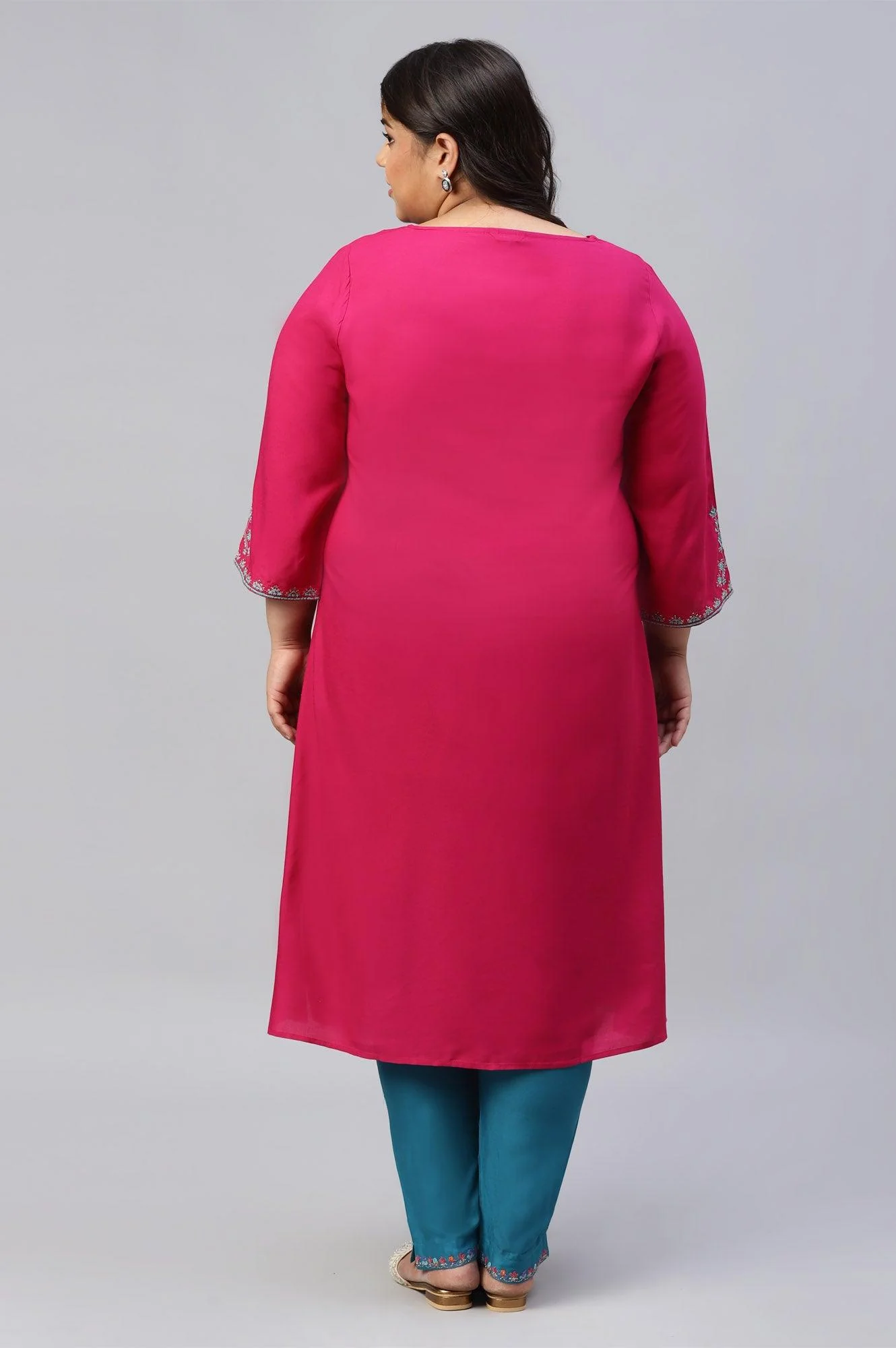 Plus Size Dark Pink Embroidered A-Line kurta - Image 2