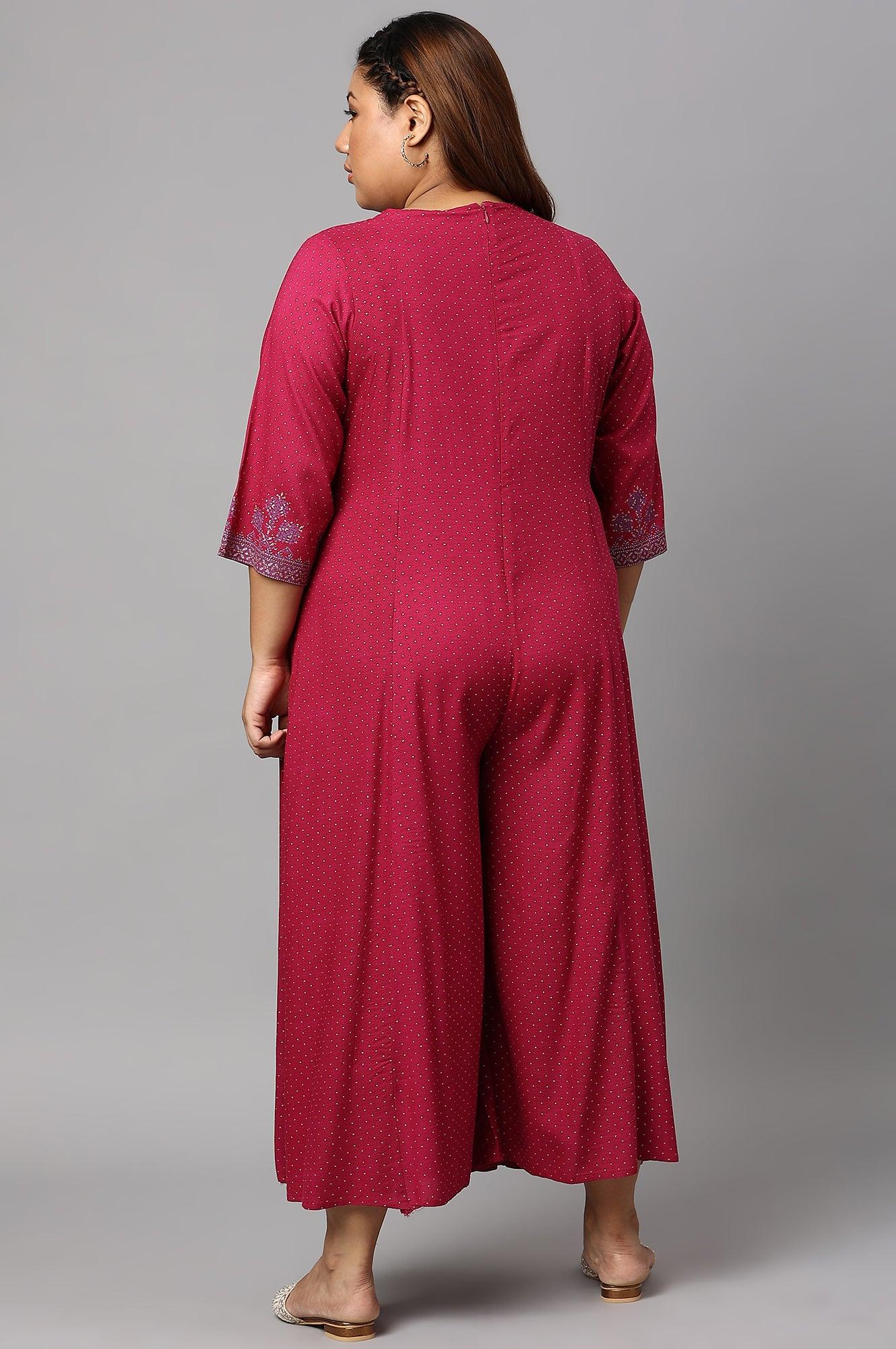 Plus Size Dark Pink Mock Layer Embellished Liva Eco Kimono Jumpsuit - Image 2