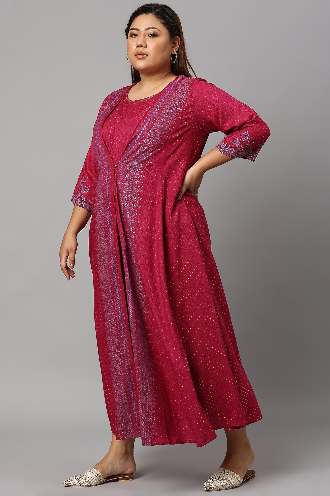 Plus Size Dark Pink Mock Layer Embellished Liva Eco Kimono Jumpsuit - Image 3