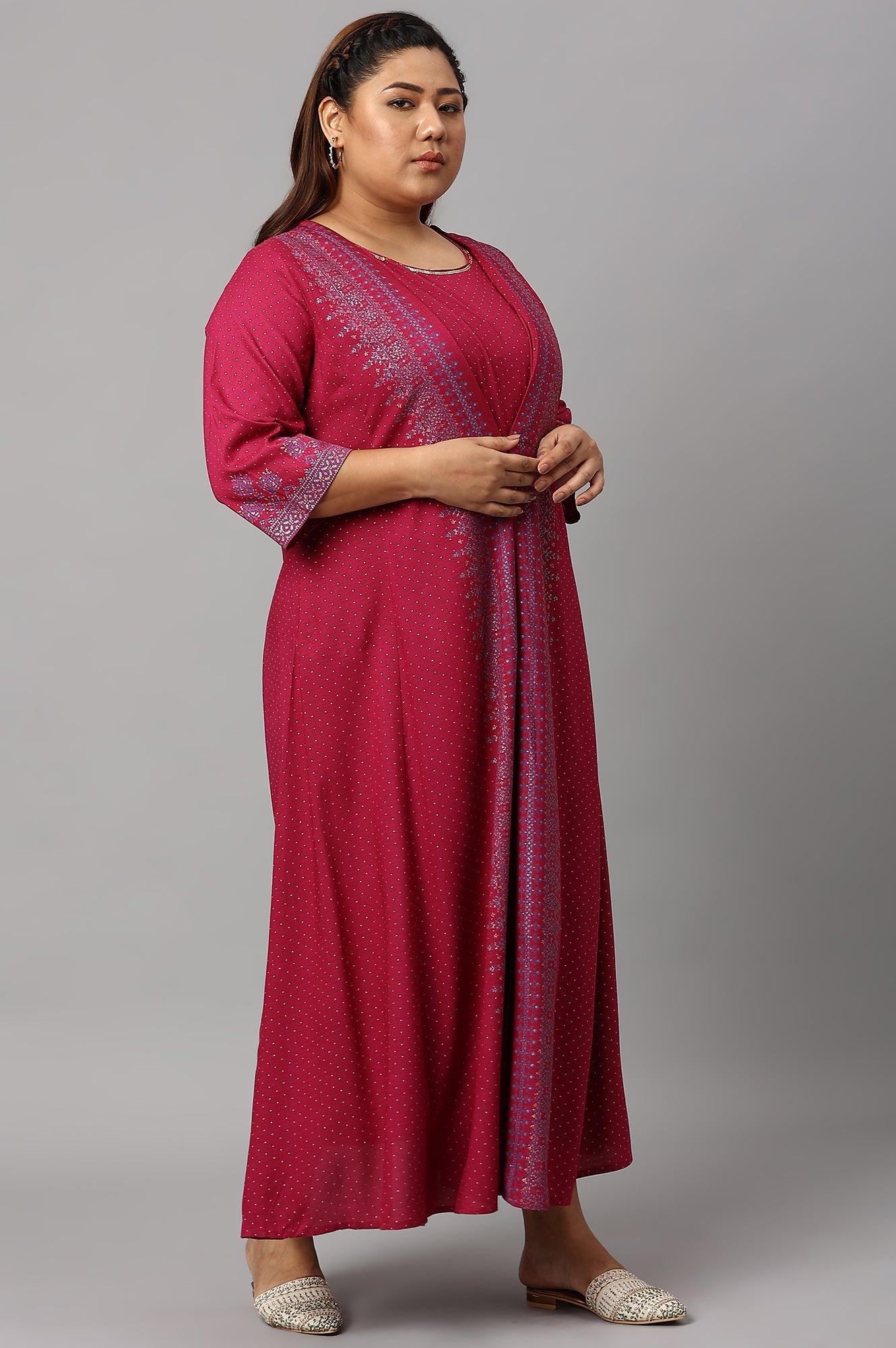 Plus Size Dark Pink Mock Layer Embellished Liva Eco Kimono Jumpsuit - Image 4