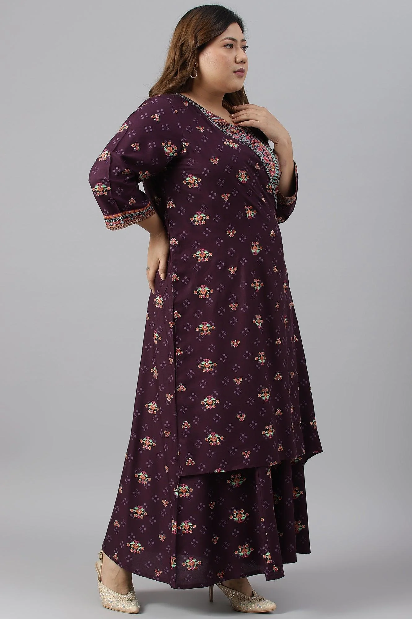Plus Size Dark Purple Printed Angrakha Jumpsuit - Image 3