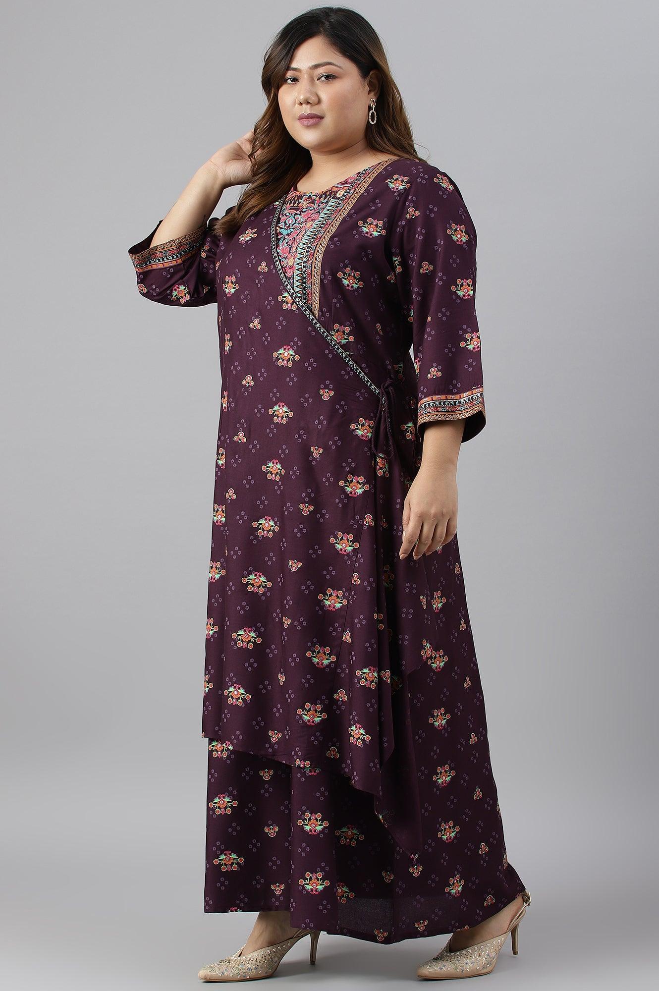 Plus Size Dark Purple Printed Angrakha Jumpsuit - Image 4