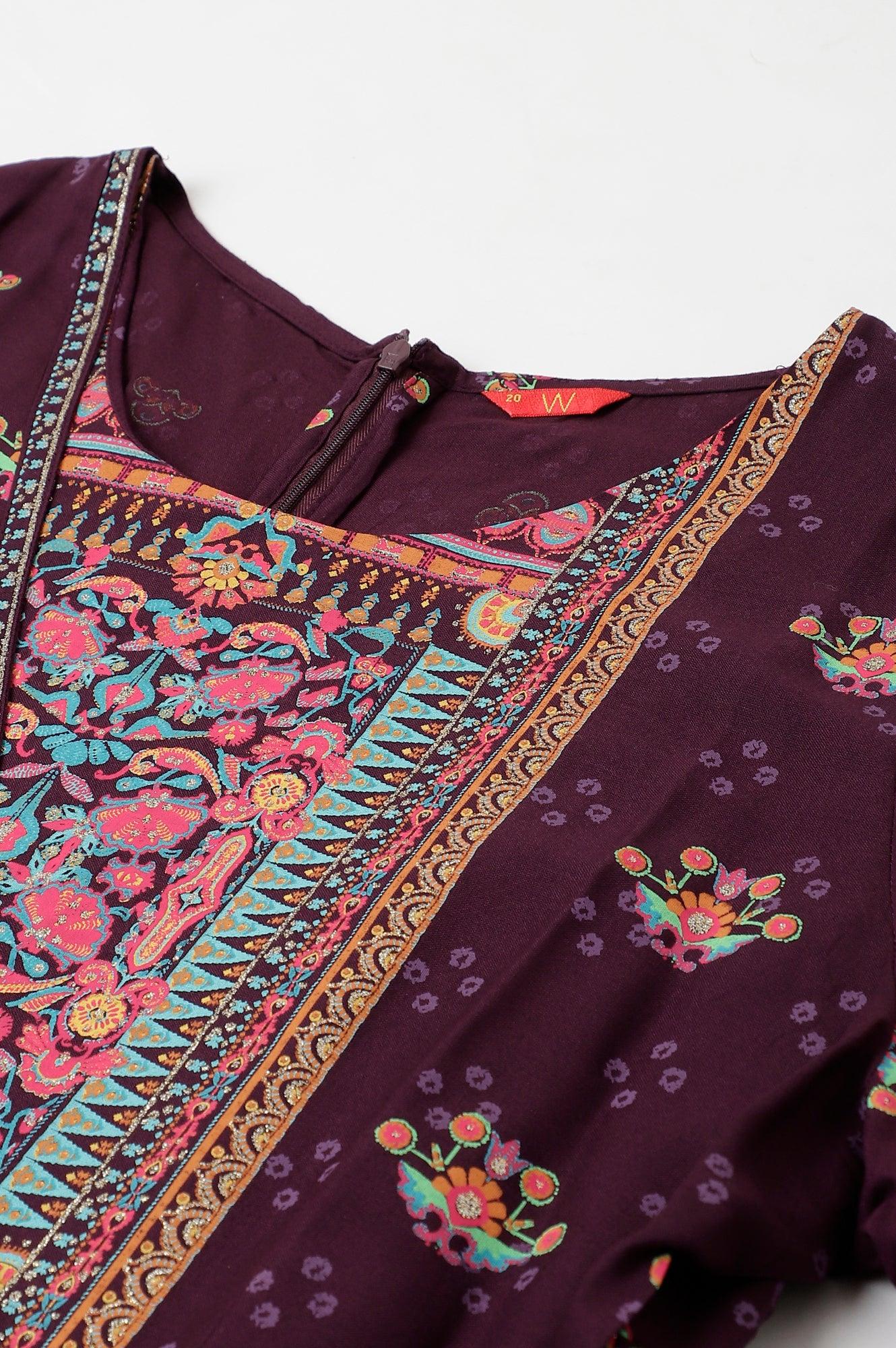 Plus Size Dark Purple Printed Angrakha Jumpsuit - Image 7
