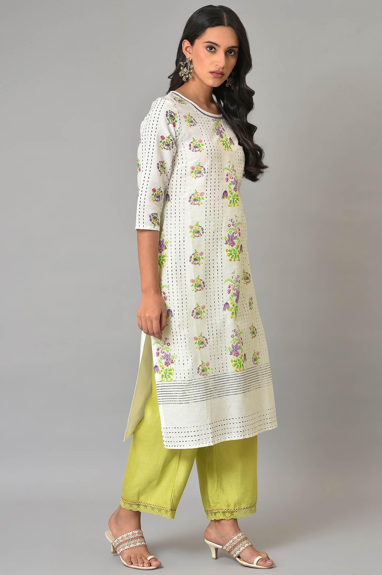 Plus Size Ecru Floral Printed Cotton kurta - Image 4