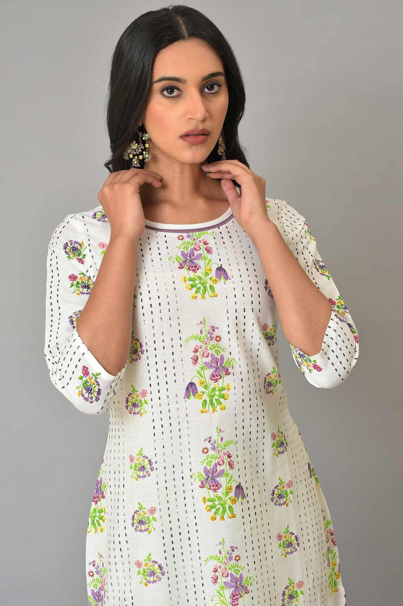Plus Size Ecru Floral Printed Cotton kurta - Image 5