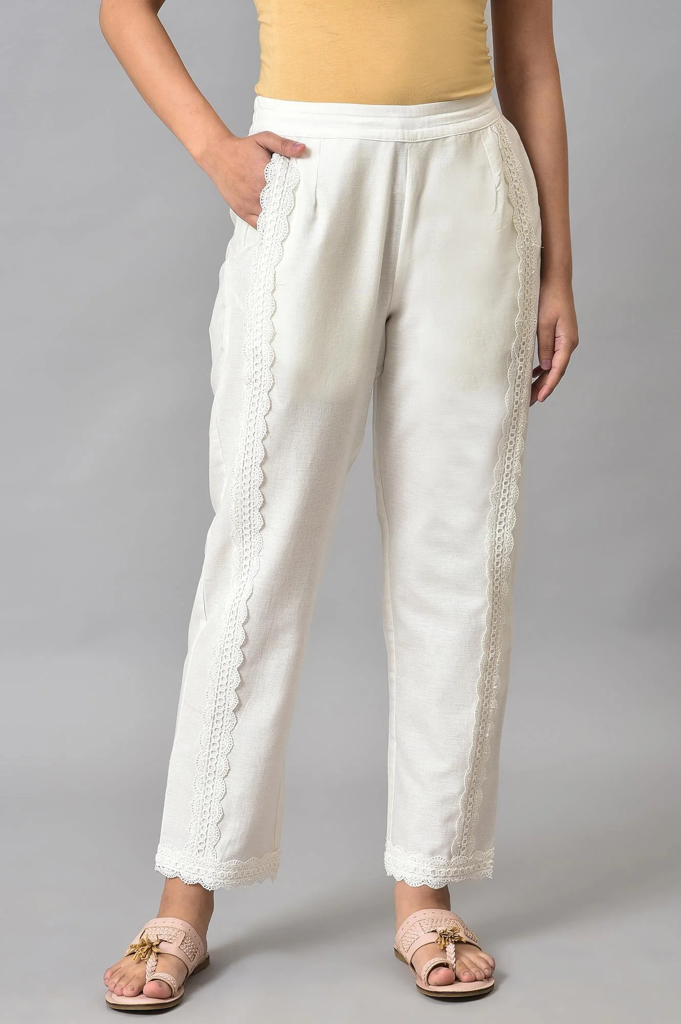 Plus Size Ecru Solid Lace Straight Pants