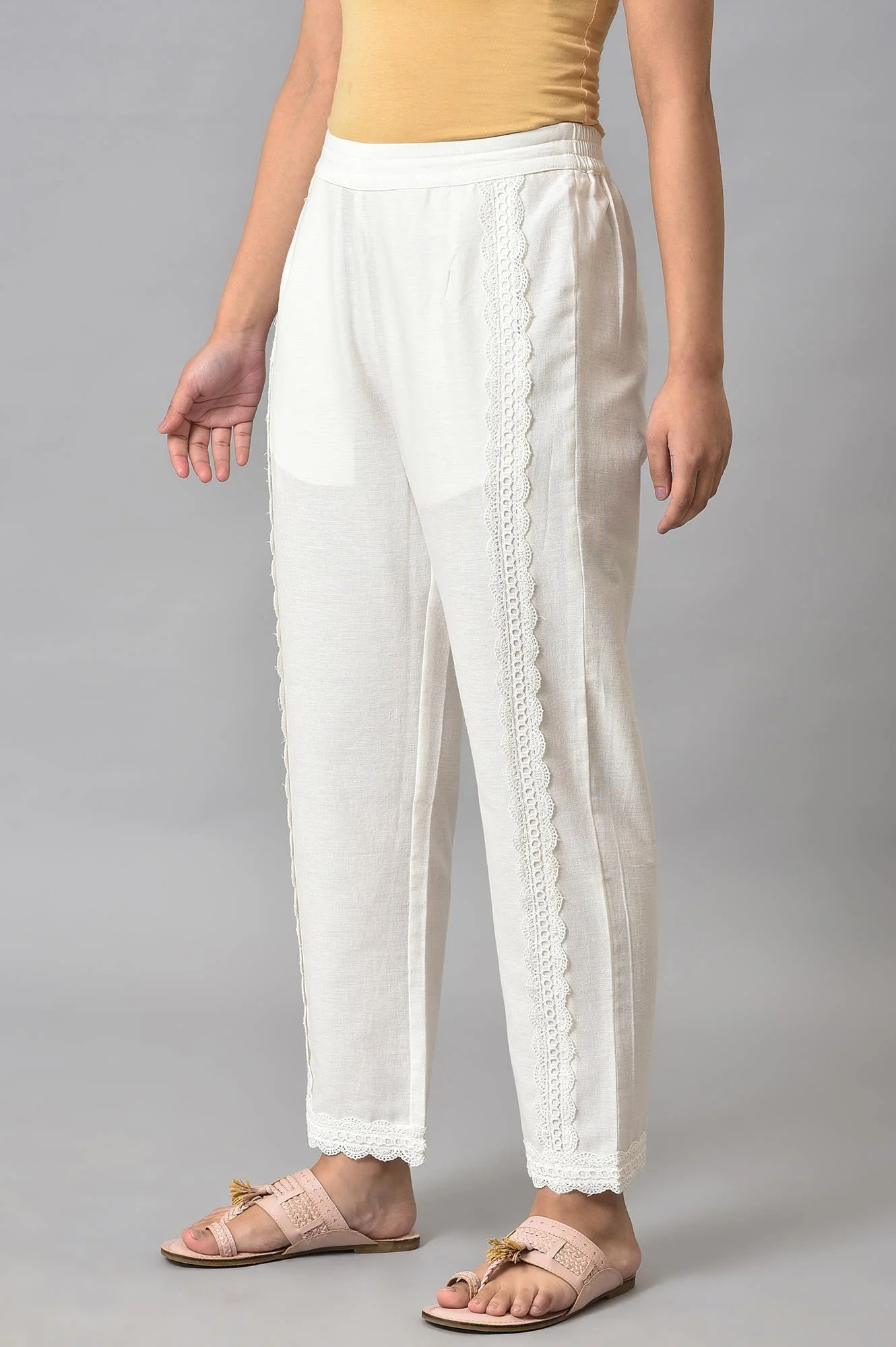 Plus Size Ecru Solid Lace Straight Pants - Image 3