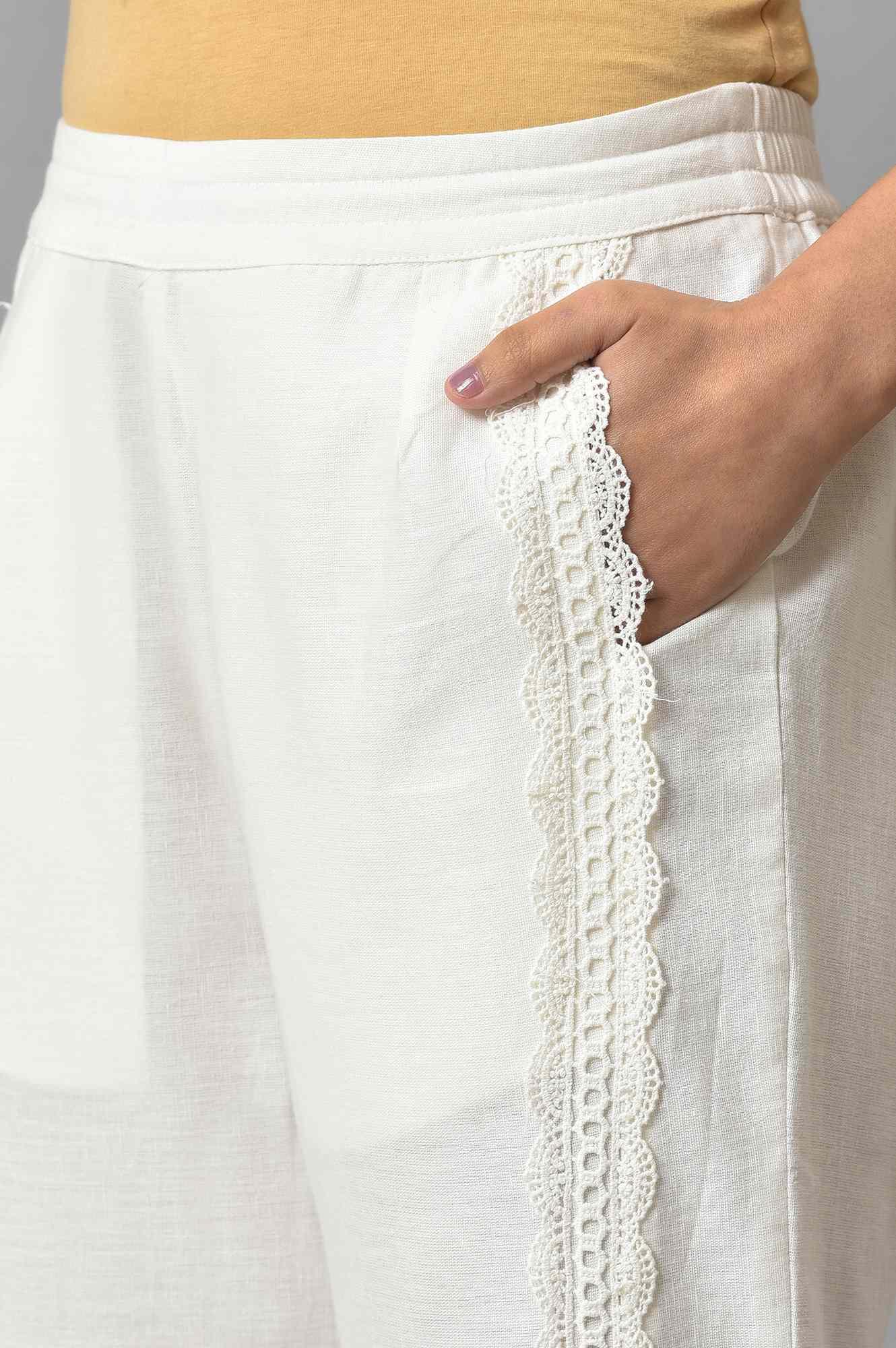 Plus Size Ecru Solid Lace Straight Pants - Image 7