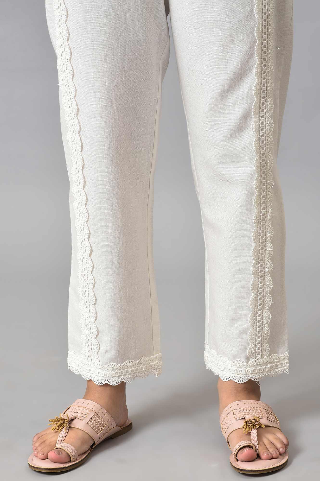 Plus Size Ecru Solid Lace Straight Pants - Image 8