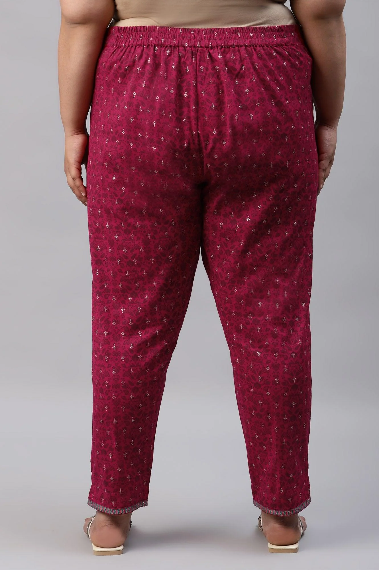 Plus Size Fuchsia Pink Floral Printed Slim Pants - Image 2