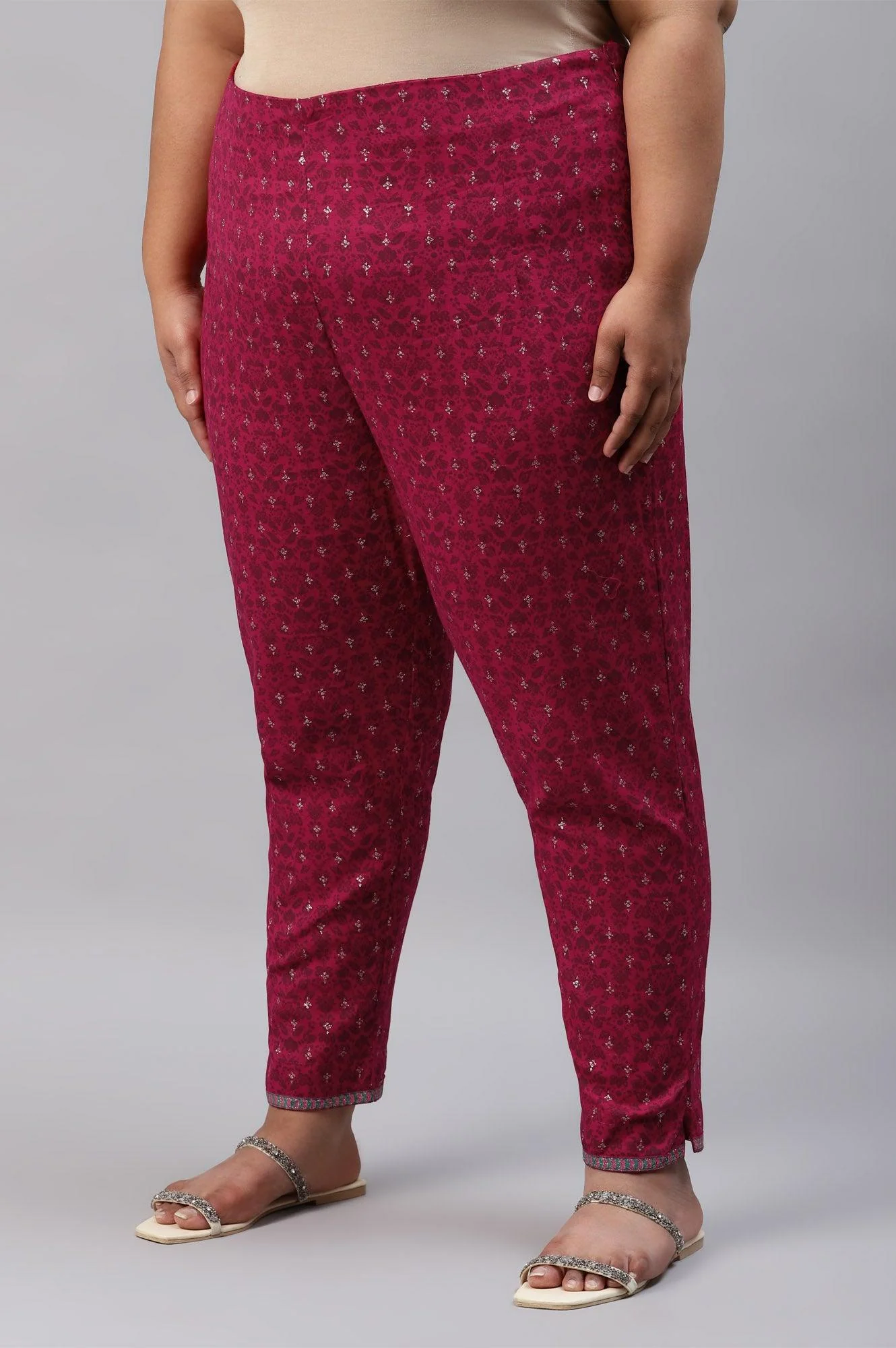 Plus Size Fuchsia Pink Floral Printed Slim Pants - Image 3