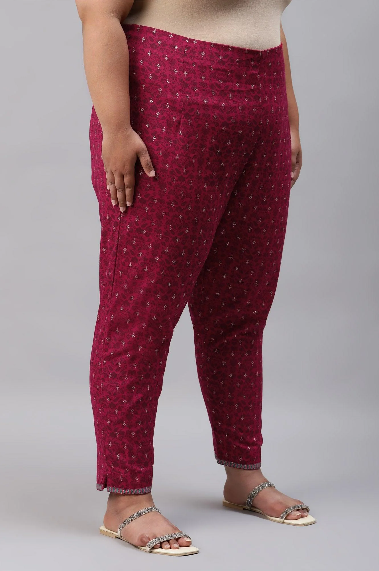 Plus Size Fuchsia Pink Floral Printed Slim Pants - Image 4
