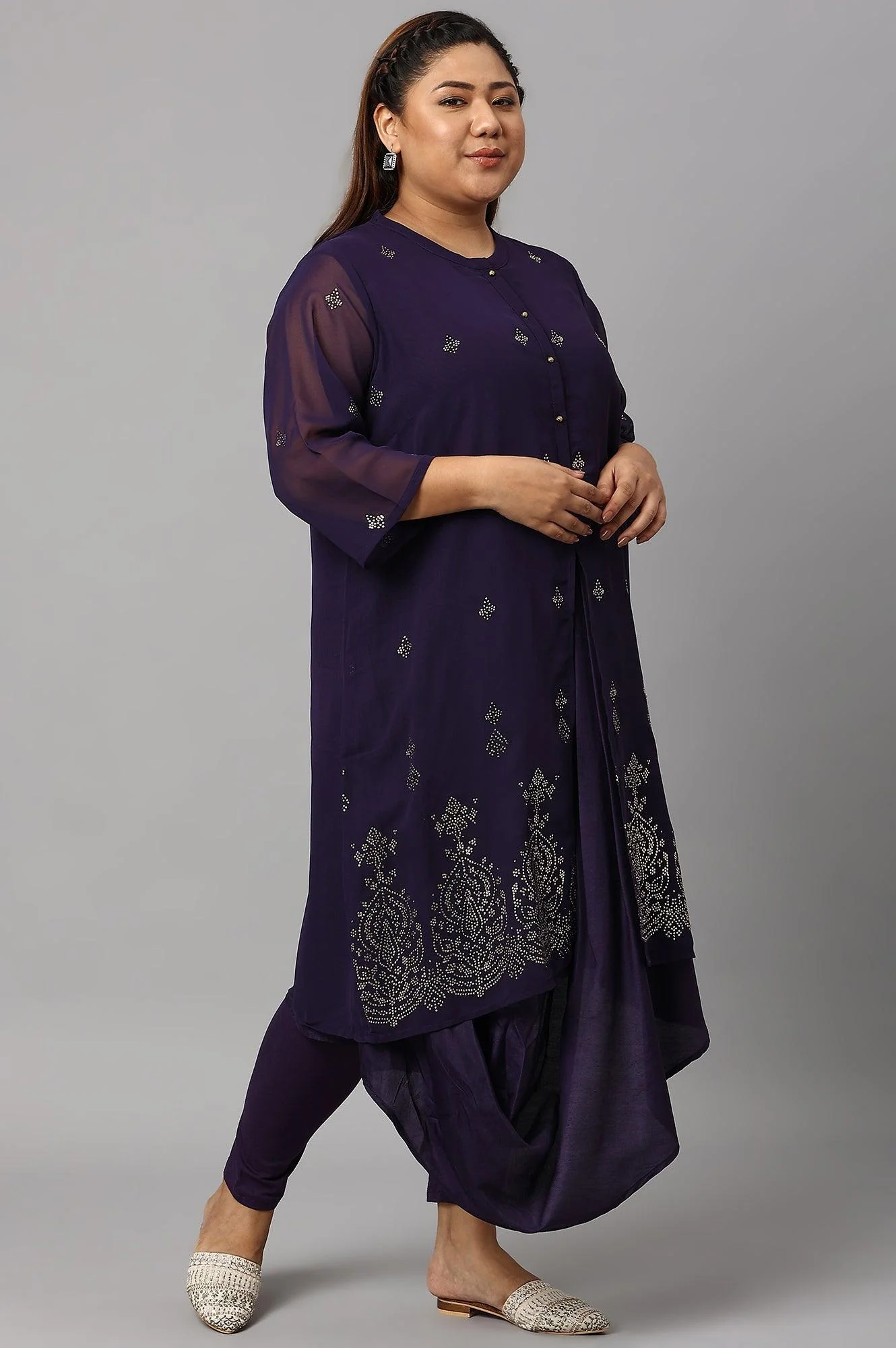 Plus Size Grape Purple Cowled Hemline kurta With Tights - Image 4