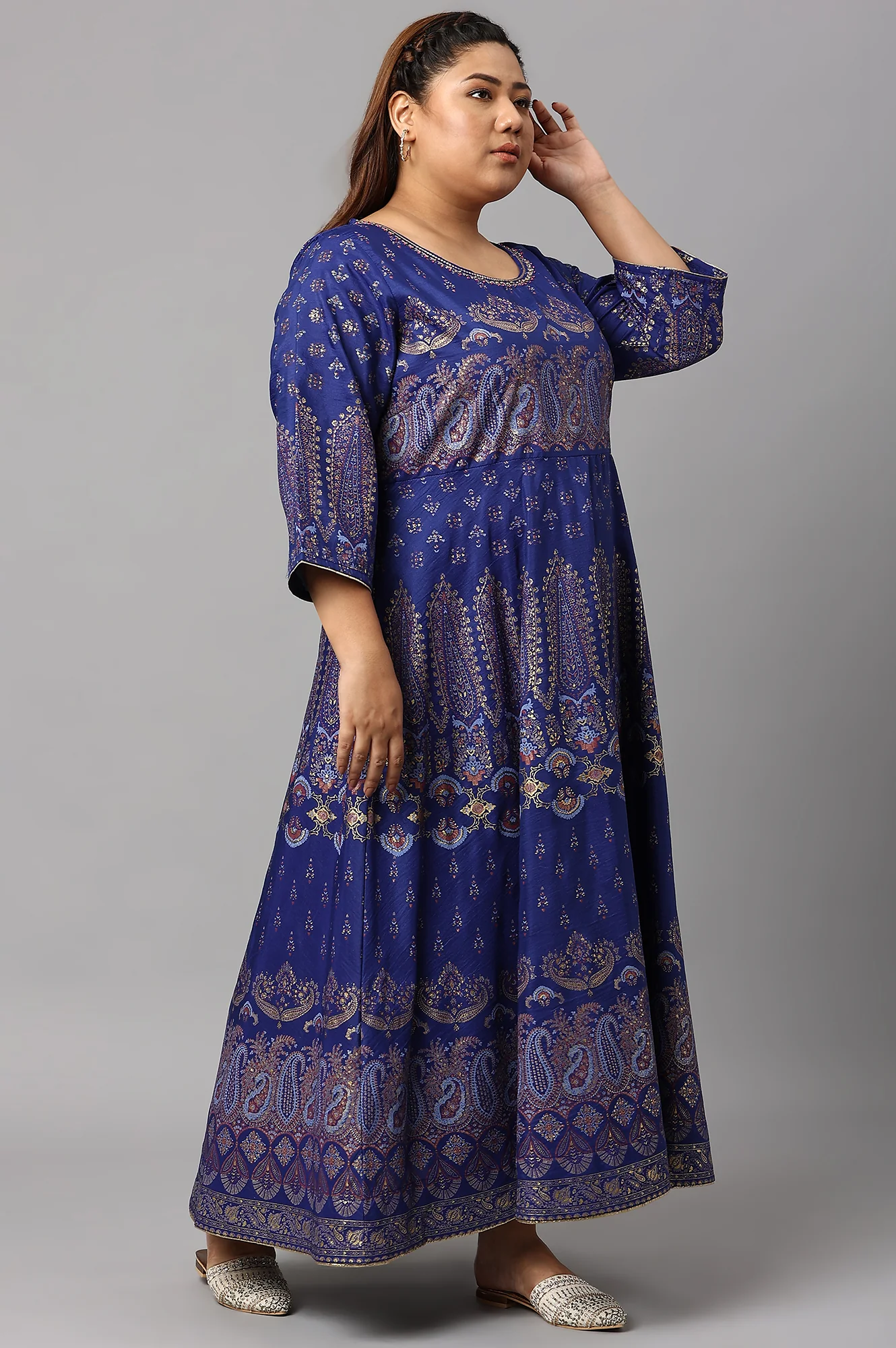 Plus Size Indigo Paisley Print Flared Festive Dress - Image 4