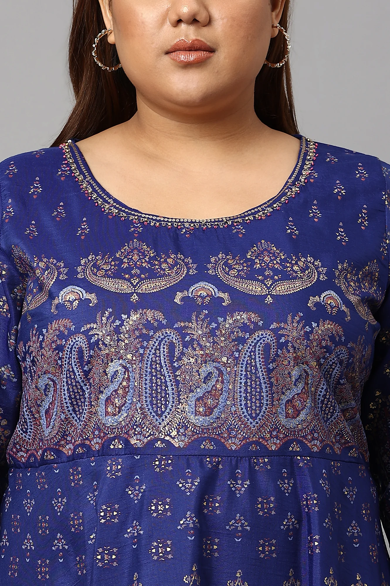Plus Size Indigo Paisley Print Flared Festive Dress - Image 5
