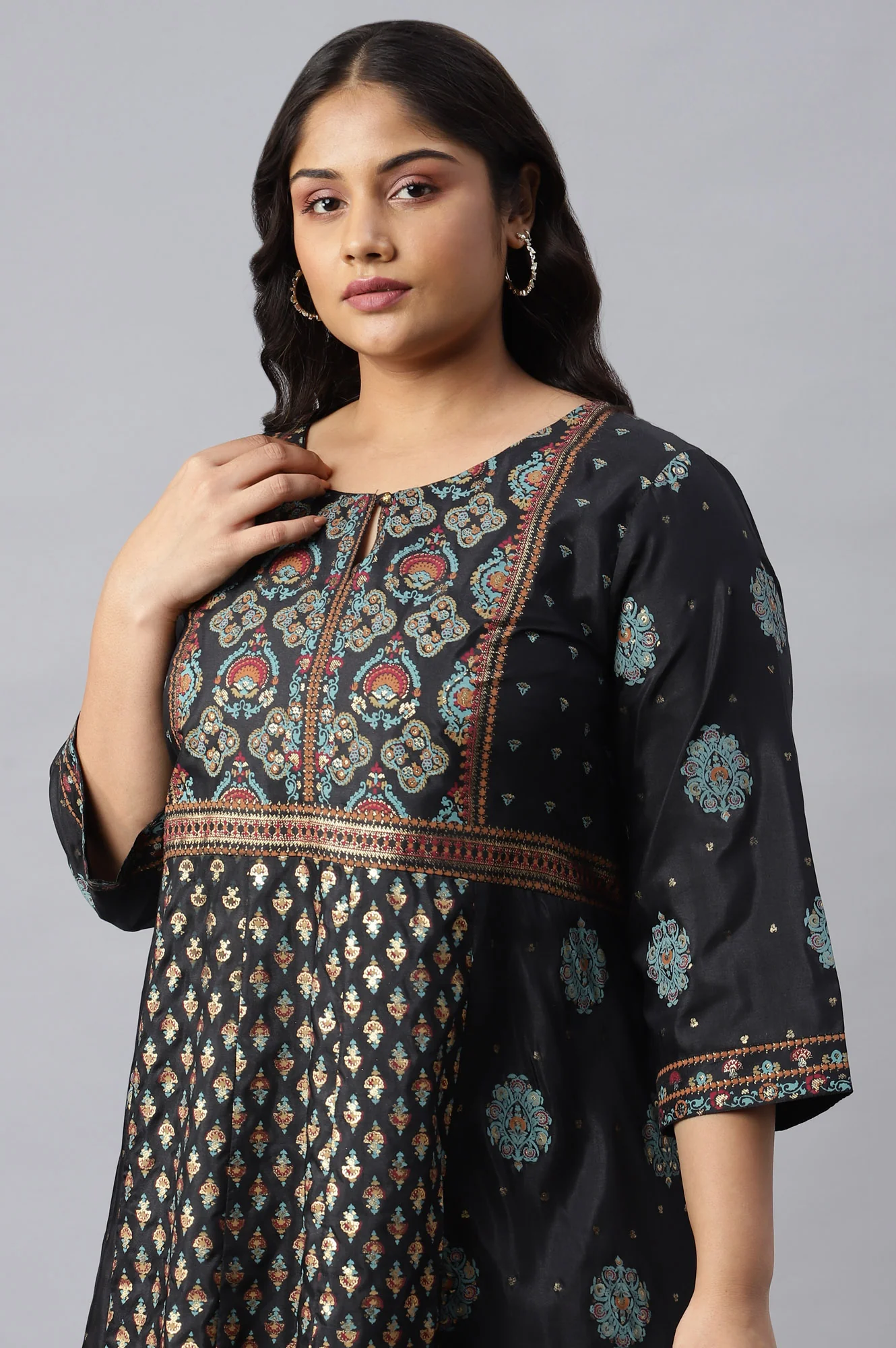 Plus Size Jet Black Foil Printed Shantung kurta - Image 5