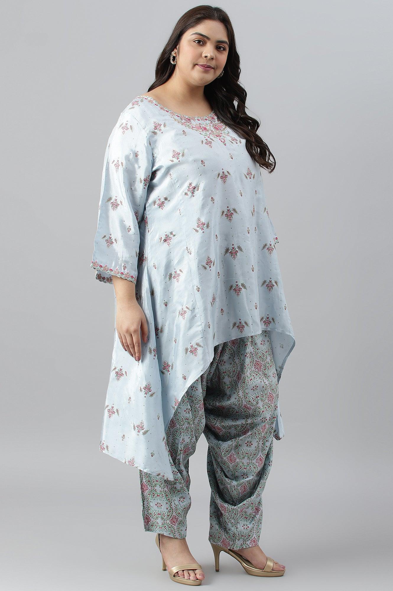 Plus Size Light Blue Paisley Print High-Low kurta With Draped Pants And Pink Dupatta - Image 3